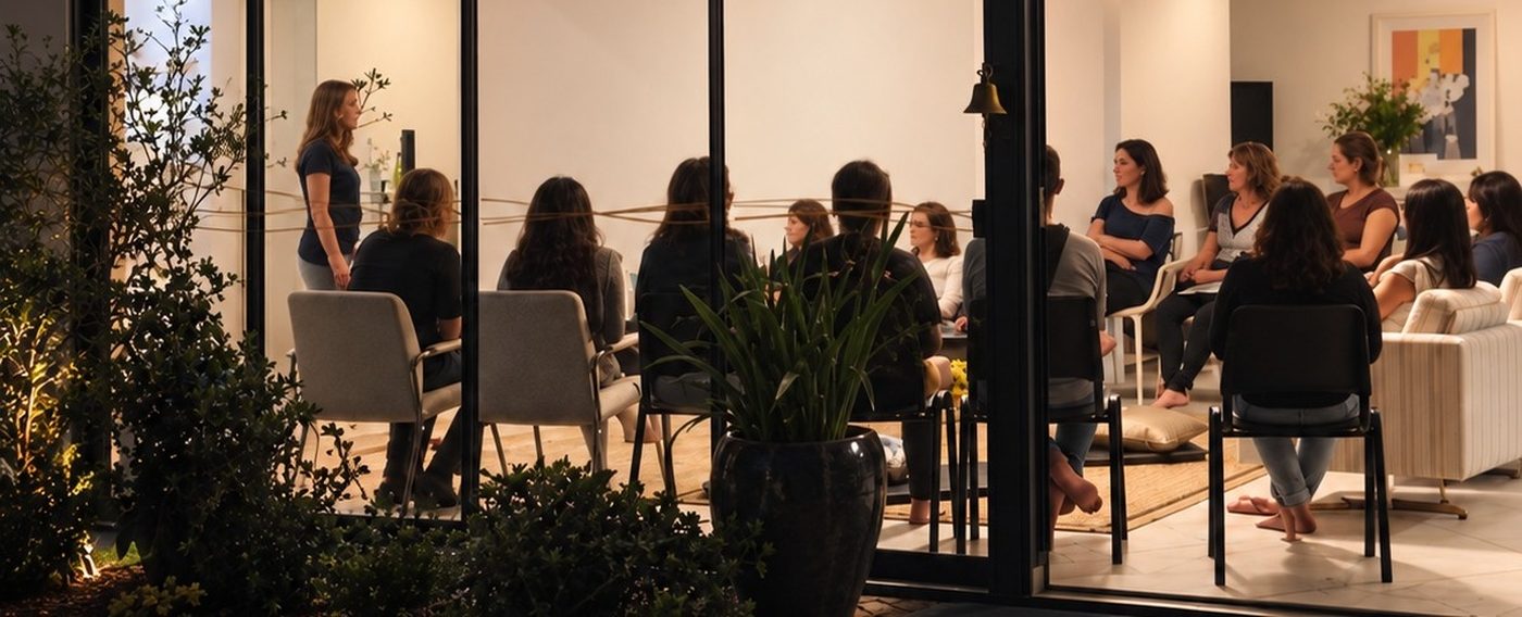 A casa vista de fora à noite, acesa, com o grupo reunido lá dentro