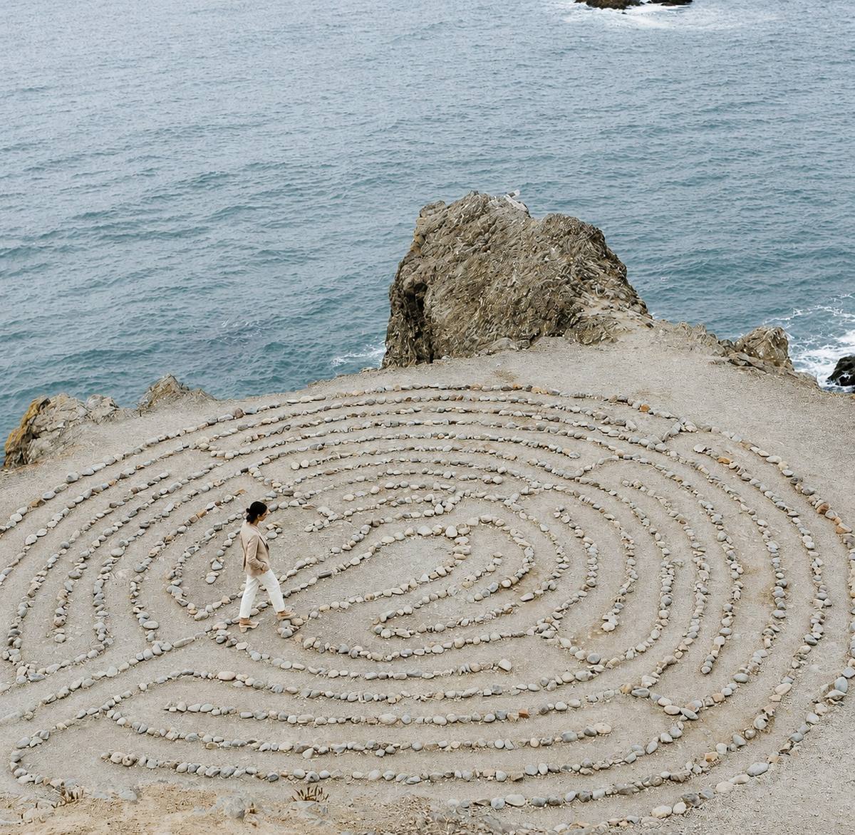 Uma pessoa caminhando por um labirinto de pedras na areia, junto ao mar